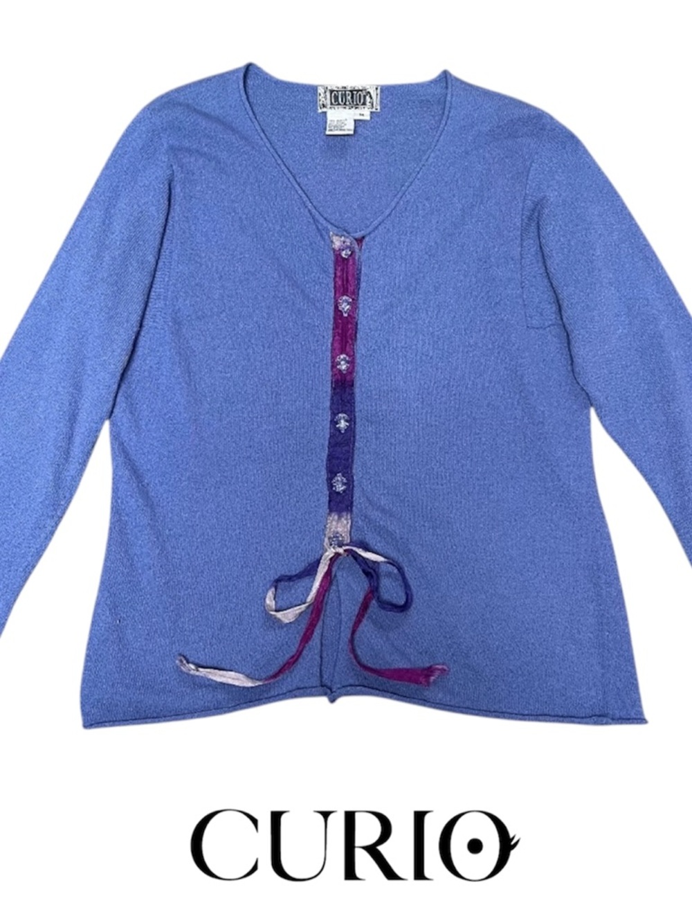 Anthropologie CURIO Cardigan Sweater Decorative Buttons/Ribbon Periwinkle M NWOT